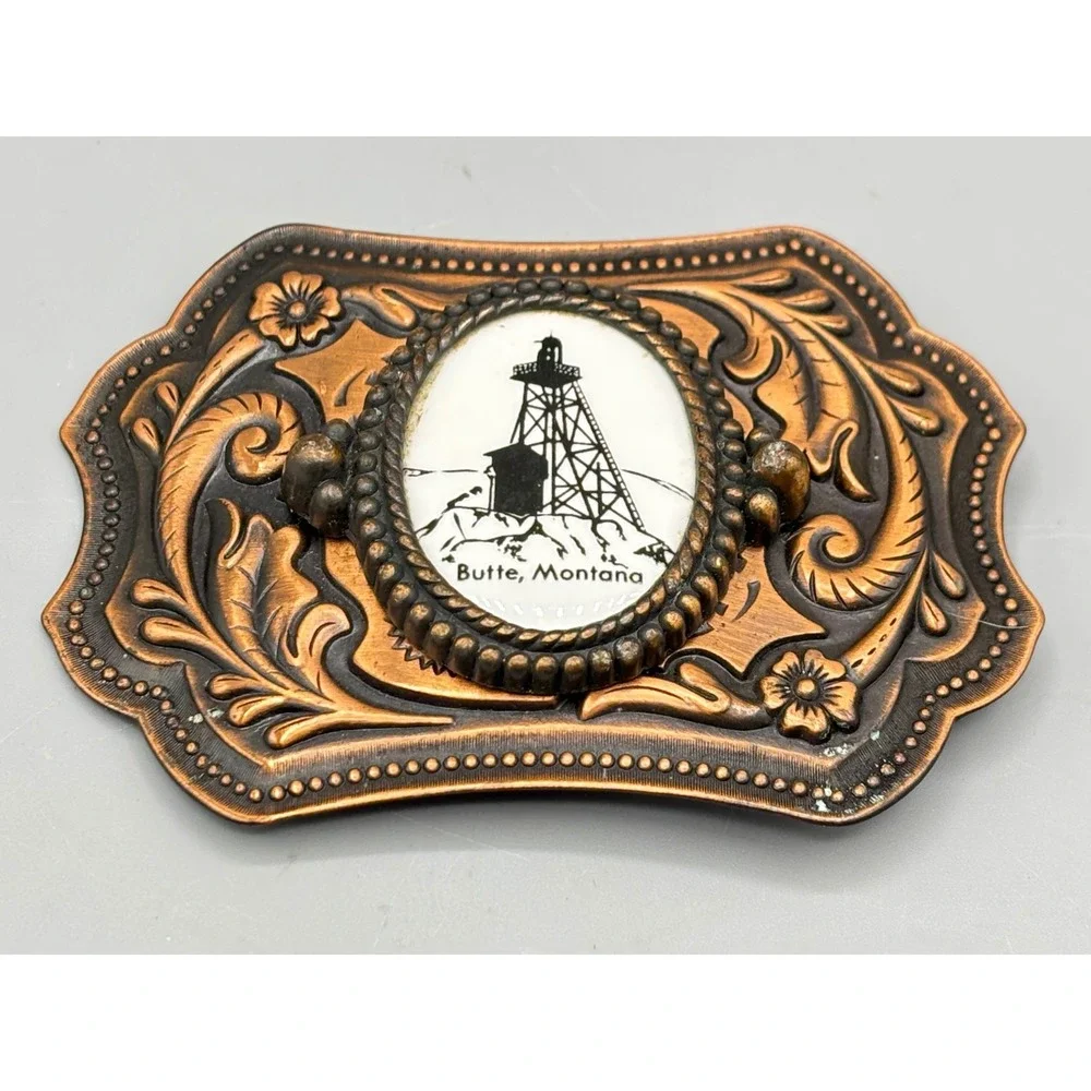 Vintage Butte Montana‎ Mining Derrick Belt Buckle Copper Tone Western Souvenir